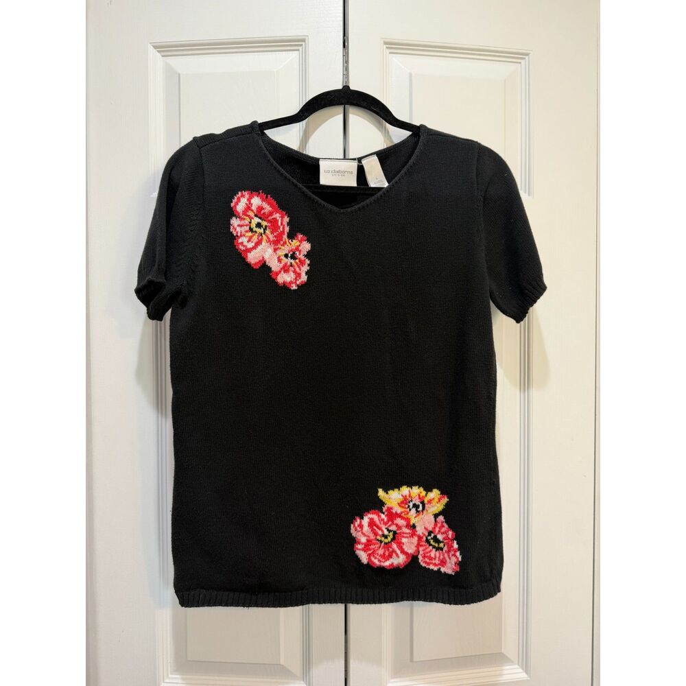 Liz Claiborne Women's Short Sleeve Black Floral 100% Cotton Sweater Size Small